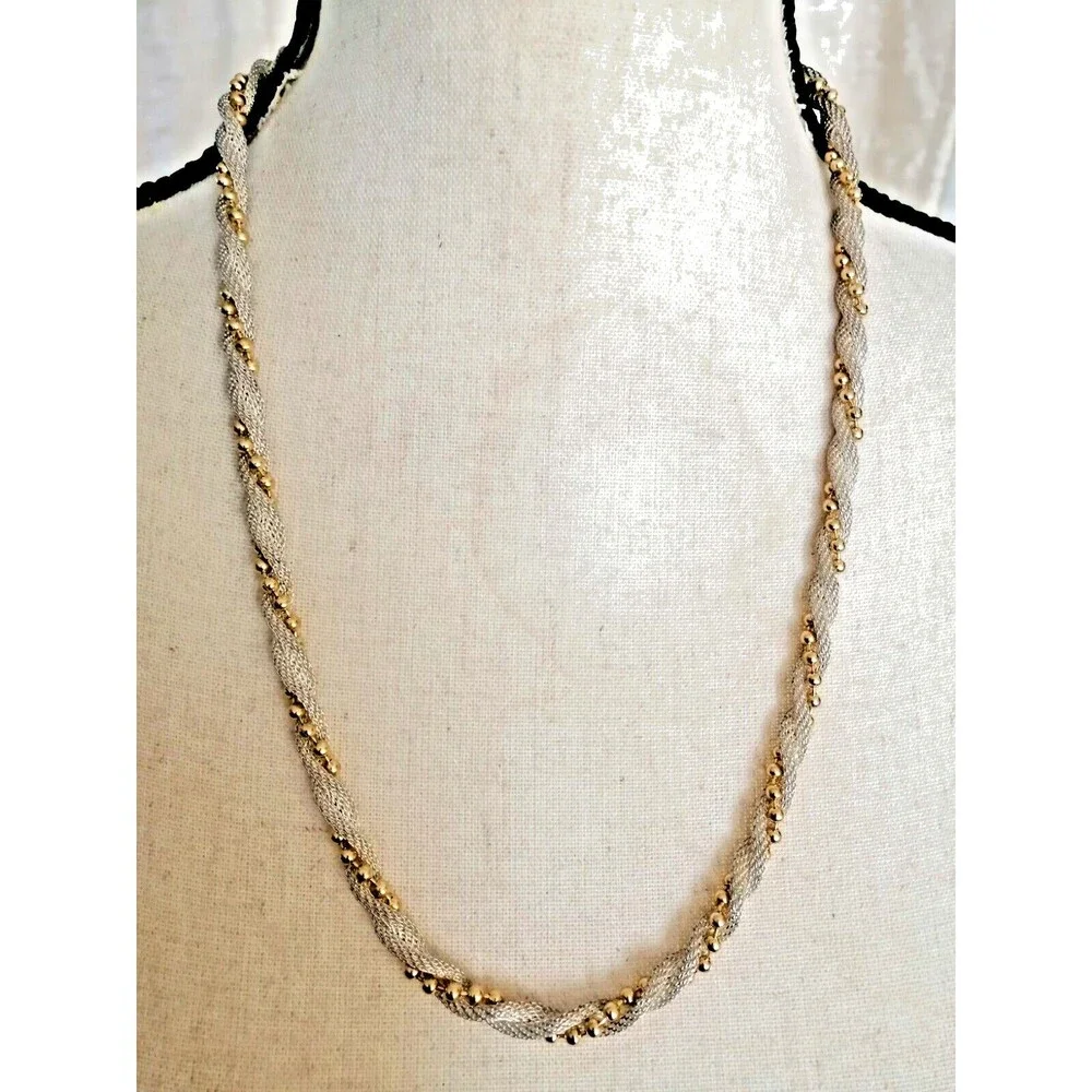 Vintage Silver Mesh Chain Twisted Gold Beaded Chain Collar Necklace Fancy